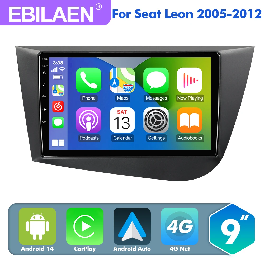 

EBILAEN 9" Android 14 Car For Seat Leon 2 MK2 2005 - 2012 GPS Multimedia Player Carplay Android auto radio Stereo DSP camera LTE