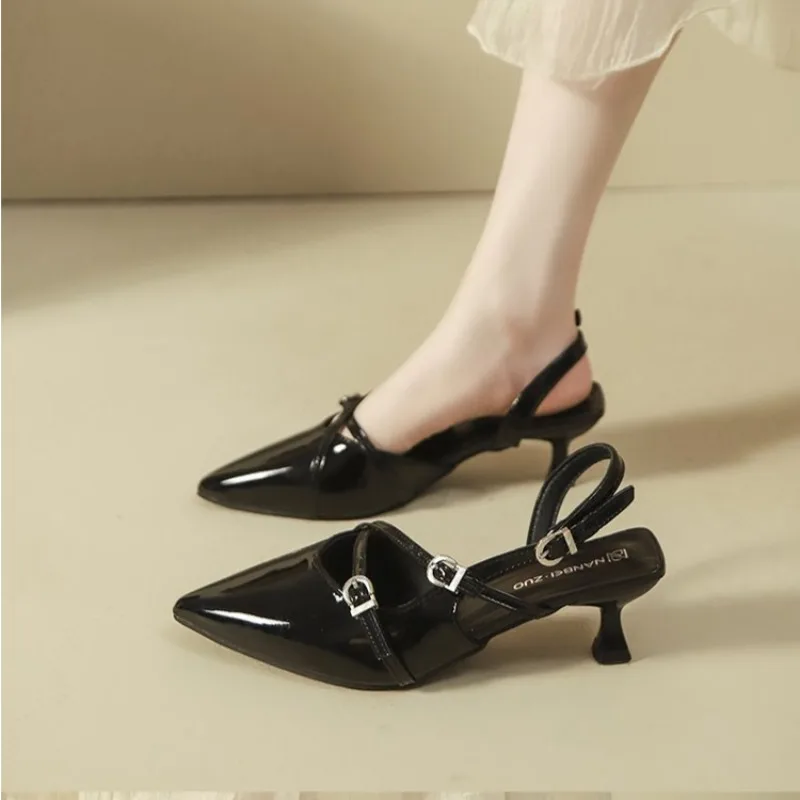 

2025 New Summer Women's Stiletto Sandals Patent Leather Slip on Pointed Toe Shoes Buckle Slingbacks Mid Heels Sandals Mujer