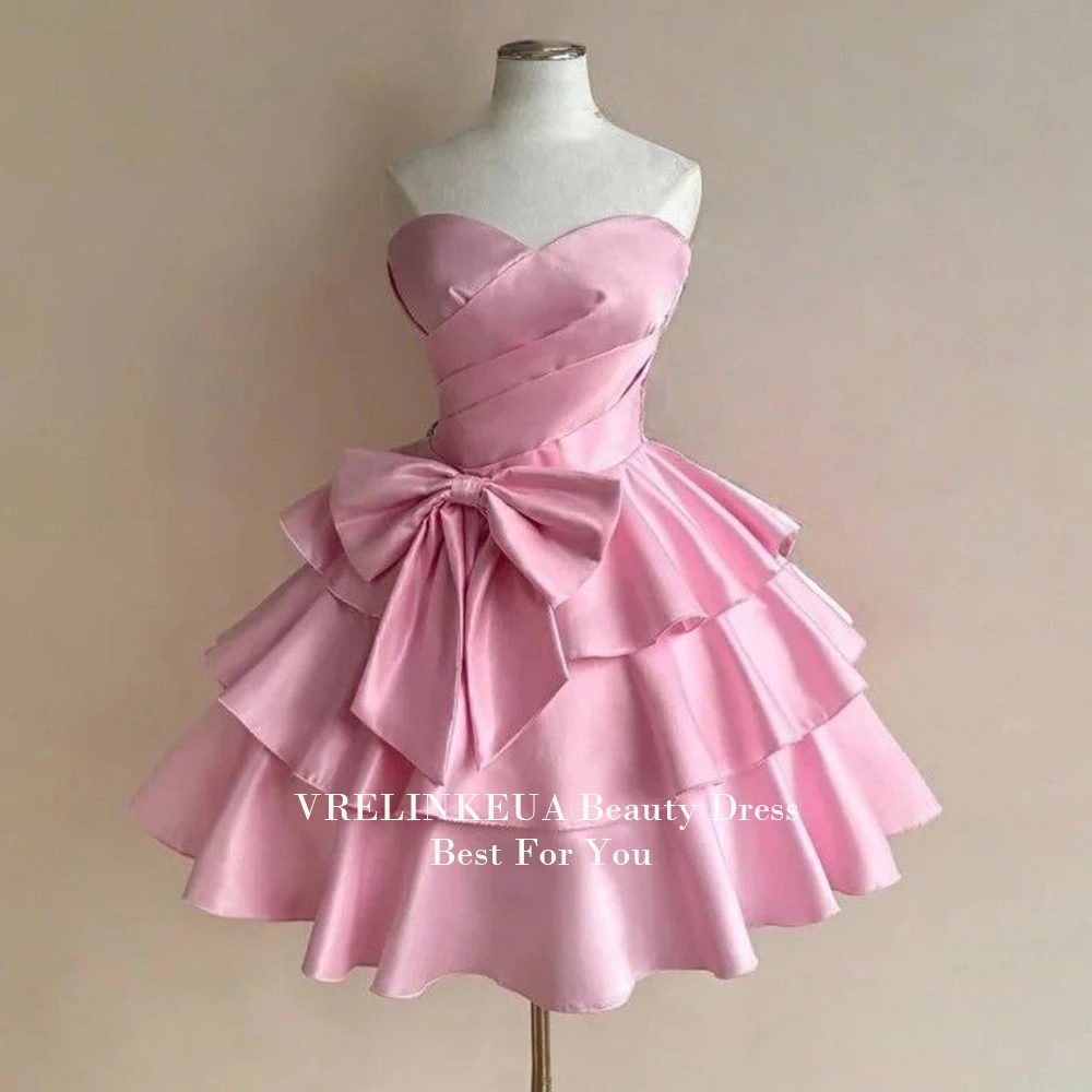 

Pink Tiered Strapless Mini Graduation Dress With Bow Satin Homecoming Dresses For Teen Sweet 15 16 Wedding Prom Dress Customized