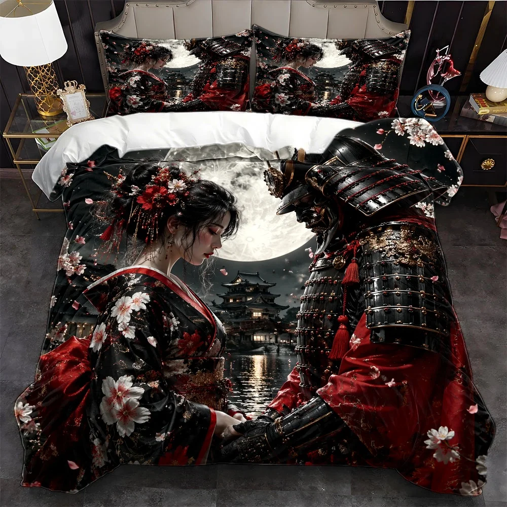 3Pc Japanese-Style Cherry Blossom Samurai and Geisha Duvet Cover Set, Three-Piece Bedding Set (1*Duvet Cover + 2*Pillowcases), Suitable for All Seasons, Machine Washable, Invisible Zipper Design, Large Personal Bed Cover Set, Suitable for Home, Dormitory, Master Bedroom, Guest Room, Vintage Japanese Traditional Elements Bedding, High-Thread-Count and High-Density Skin-Friendly Fabric, Exquisite Printed Bedding Set, Bedroom Decoration Bedding 2D Flat Print