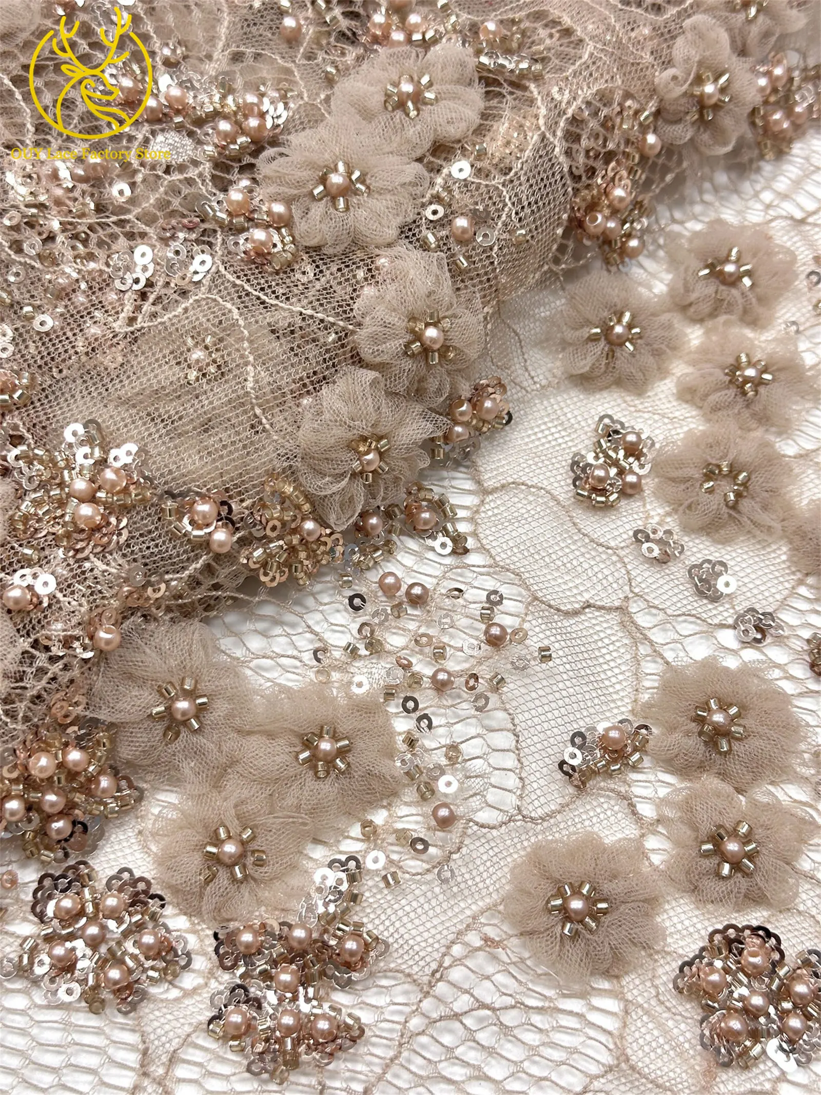 Französische Stickerei, kleiner Pflaumenblüten-Perlen-Spitzenstoff, exquisiter nigerianischer Perlen-Pailletten-Spitzenstoff für Hochzeitskleider zum Nähen – Detail 13