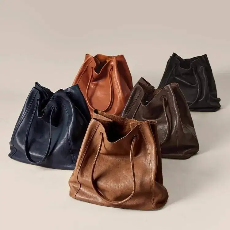 

Minimalist Style Genuine Leather Large Capacity Tote Bag Women's Niche Retro Cowhide Bag Versatile Bucket Shoulder Crossbody Bag