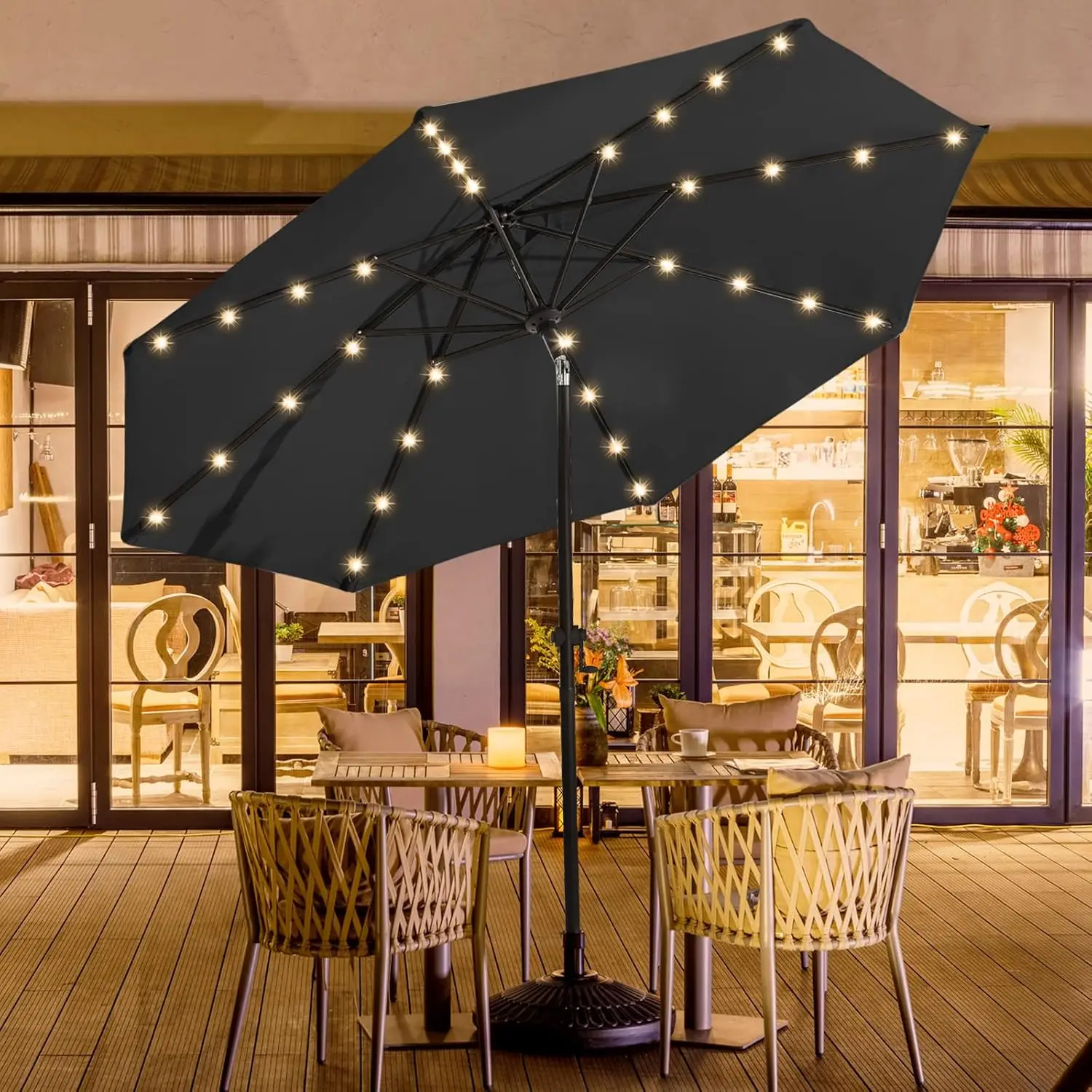 

wikiwiki 9ft Solar Led Patio Umbrella, Sturdy Outdoor Market Umbrella for Deck, Pool, Garden w/Tilt, Crank, 32 LED Lights, Carbo