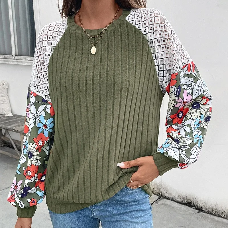 Green Fashion Women's Knitted Sweater Round Neck Pullover Flower Pattern Color Blocked Knitted Sweater Women's Autumn New Item