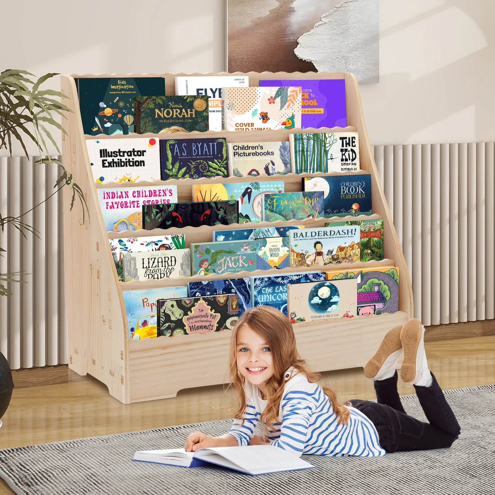 Étagère à livres multifonctionnelle en bois à 5 niveaux pour enfants - Organisateur de rangement profond pour magazines, bibliothèque pour espace d'étude, salle de jeux, maternelle