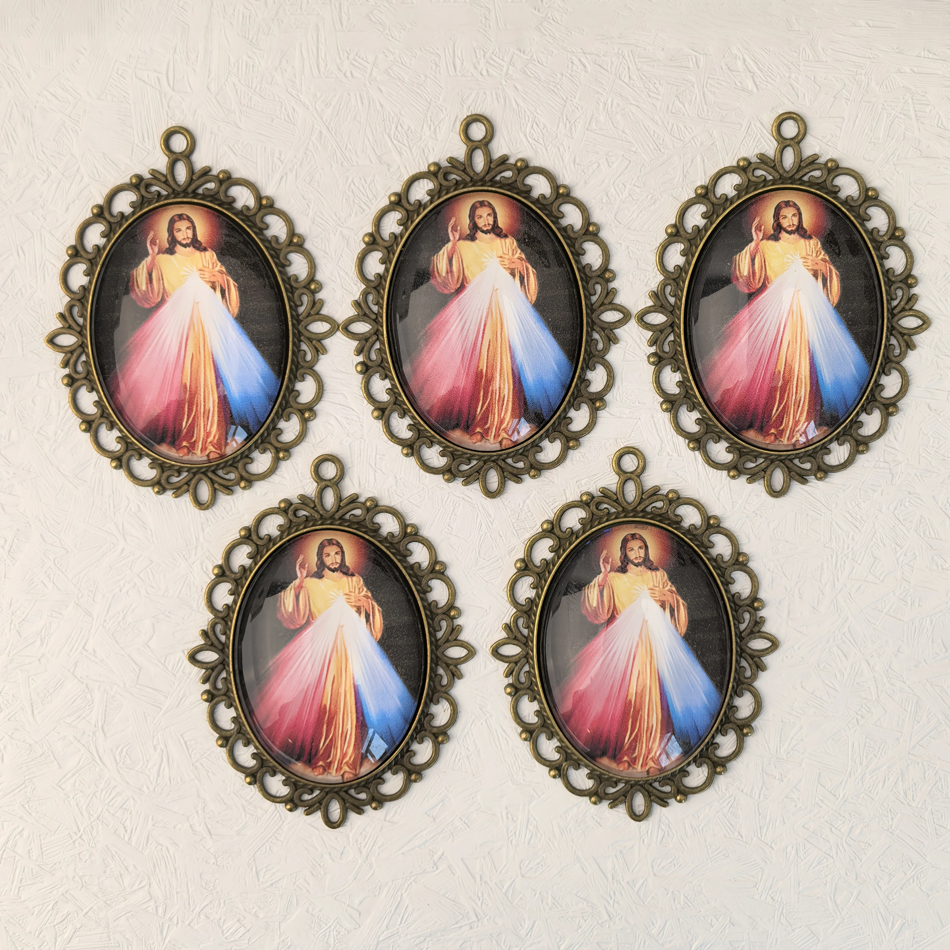 5Pcs Vintage Antique Bronze Hollow Oval Sacred Heart of Jesus Medal Charms, Handmade Dome Glass Cabochon Pendants, Bulk DIY Neck