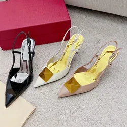 Spring style Baotou fine heel large rivet patent leather European and American pointed sexy straight strap high-heeled sandals