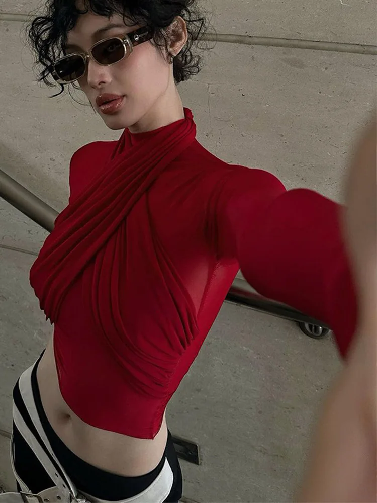 

Весна 2025: красная сетчатая водолазка с длинным рукавом, бандажный укороченный топ, сексуальная прозрачная уличная клубная модная футболка