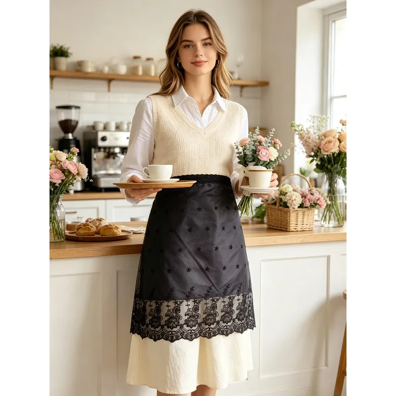 Ins Pastoral Floral Embroidered Half Apron White Lace Trim Polyester Waist Apron For Cafe Kitchen Server