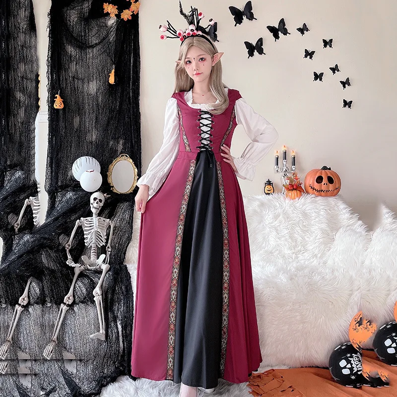 loween Vintage Court Sorcière Longue Dr Performance Médiévale Artistique Rural Sle Costume pour Femme Scène Traditionnelle Chinoise...