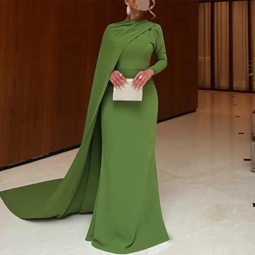 Green O Neck Spandex Evening Dresses Full Sleeves with Cape Mermaid Floor Length Sweep Train Robes De Soirée