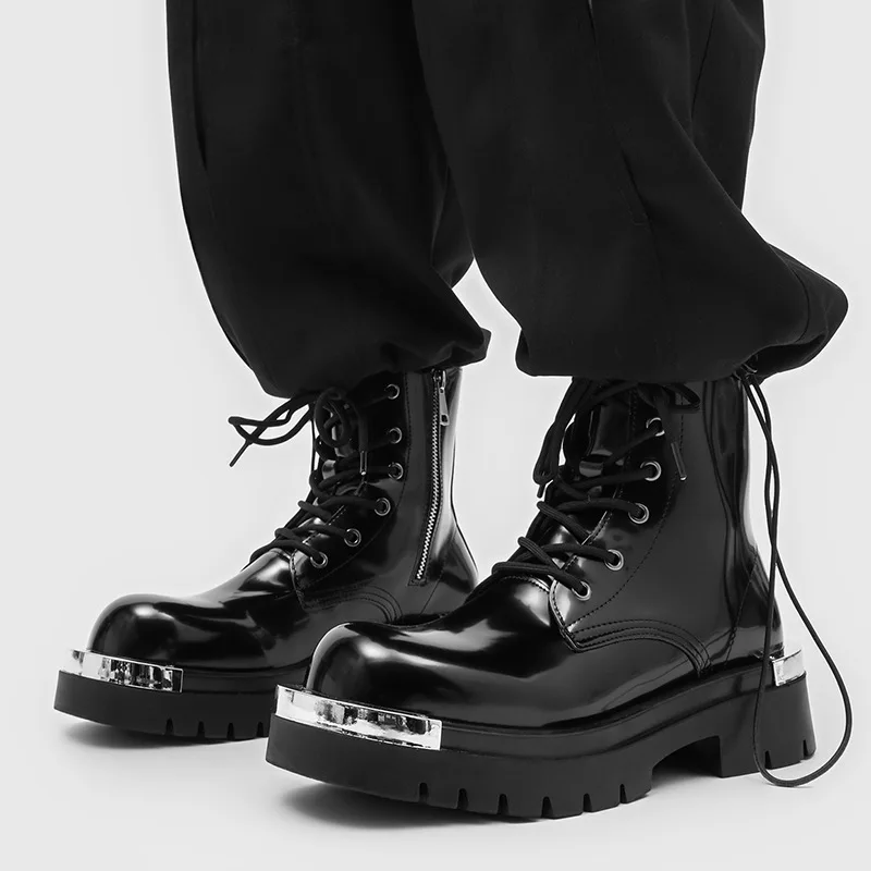 

mens casual party nightclub patent leather boots black designer shoes cowboy platform boot spring autumn high motorcycle botas