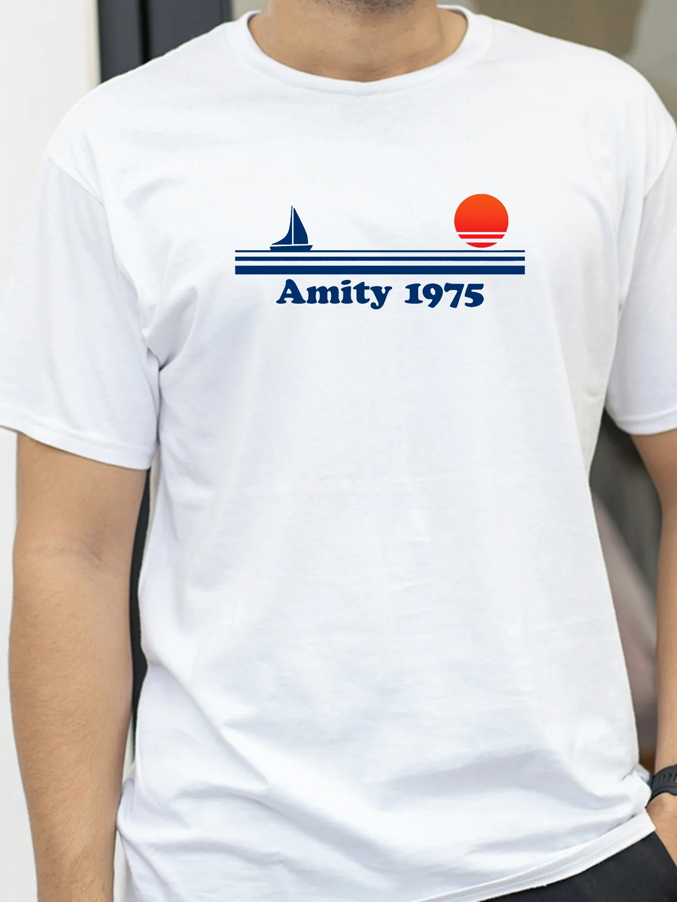Amity 1975 Sunset Sailboat Sunrise Summer Ocean Vacation T-Shirt Short Sleeve Vintage Saying Holiday Tee