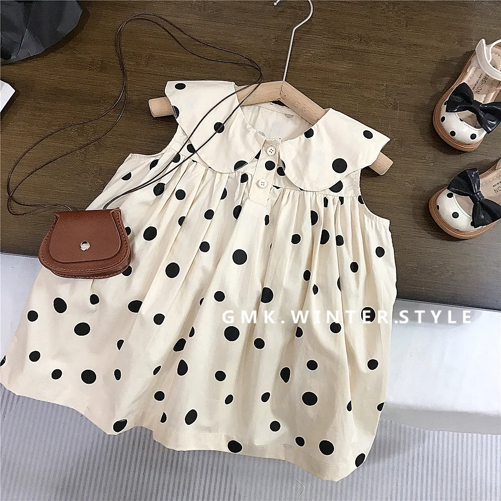 Korean Girls Dress Summer New Foreign Style Baby Doll Collar Polka Dot Sleeveless Vest Dress Princess Dress