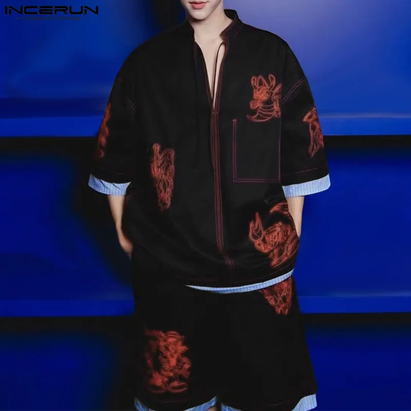 

INCERUN Summer Men Sets Plaid Printing Patchwork Stand Collar Short Sleeve Shirt & Shorts 2PCS Streetwear Loose 2025 Men's Suits