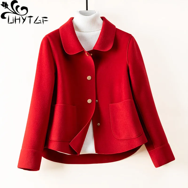 UHYTGF Spring Autumn Coat Women Quality Double-Sided Wool Jacket Female Single-Breasted Casual Short Outwear Ladies Thin 3XL1814