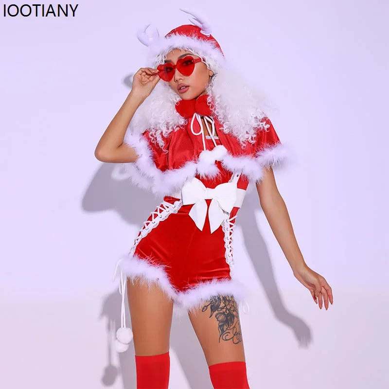 CosplayWomen مثير فستان عيد الميلاد سانتا كلوز تأثيري الأحمر شال السراويل بذلة ملهى ليلي بار GOGO DJ DS راقصة دعوى عيد الميلاد G