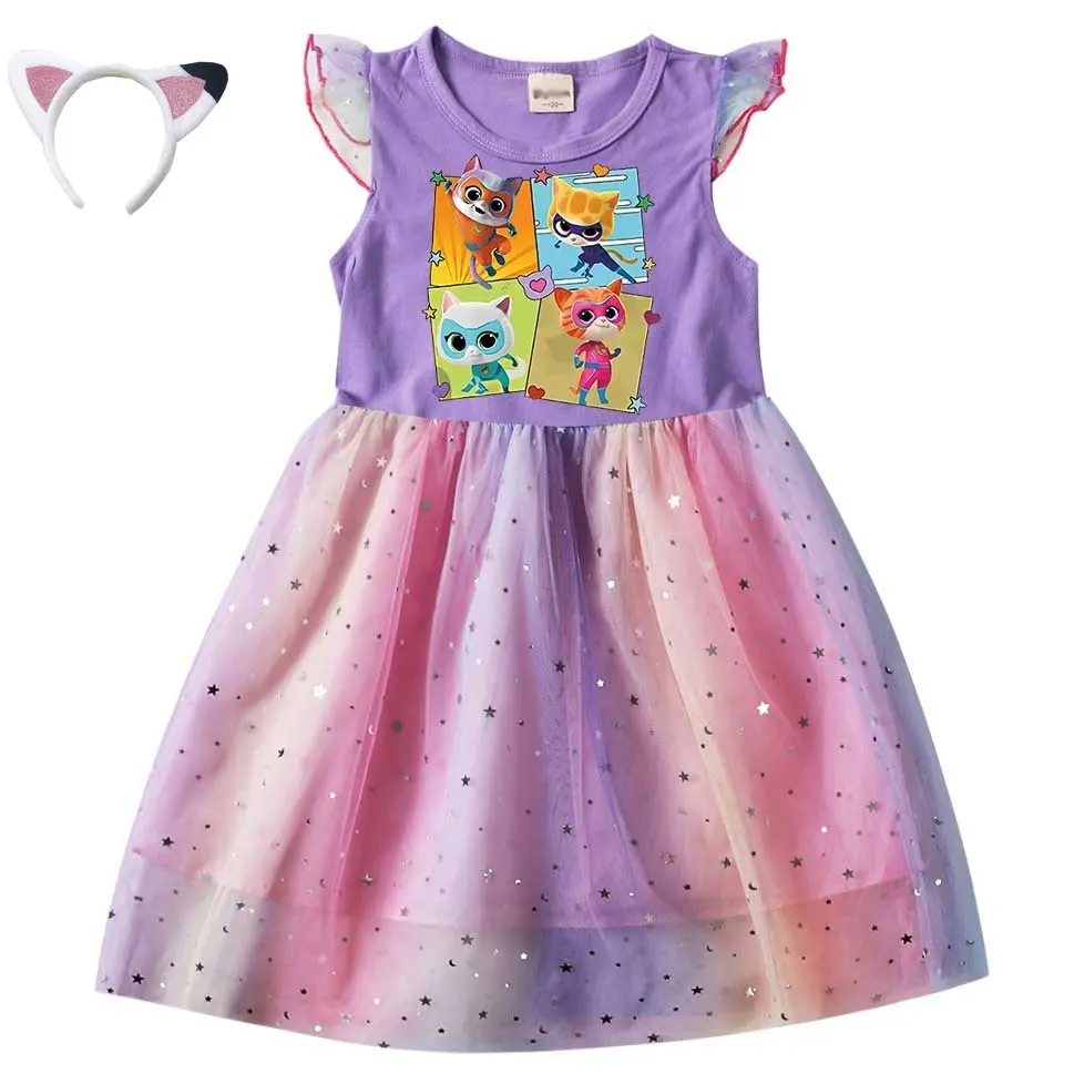 Super kitties Kostüm Baby Mädchen Super Kitties Kleider mit Stirnband Kinder Freizeit röcke Kleinkind Mädchen Kurzarm A-Linie Kleid