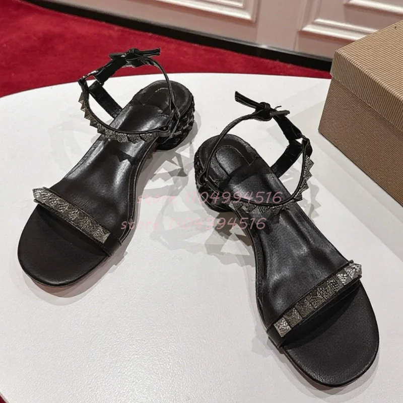 Brown Rivet Weave Chunky Heels Sandals Women Black Round Open Toe Buckle Strap Heels 2025 Sexy Fashion Party Summer Casual Shoes