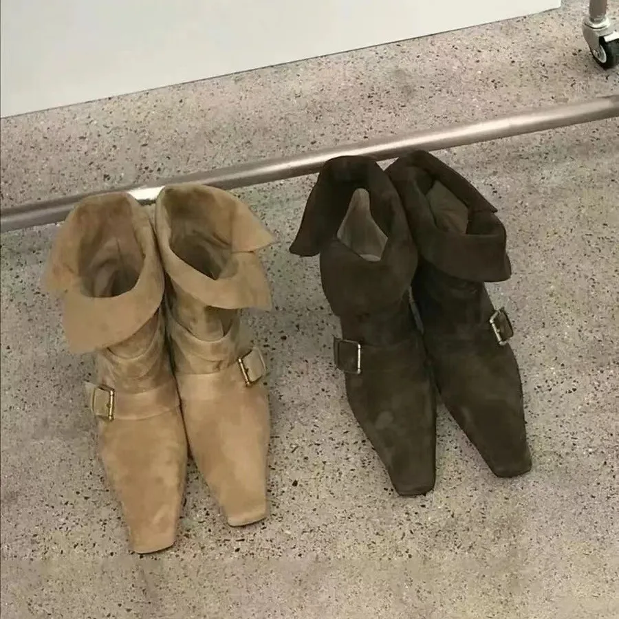 

Короткие сапоги женские осенне-зимние женские туфли из натуральной кожи и замши с квадратным носком два в одном, складные женские сапоги на среднем каблуке на толстом каблуке