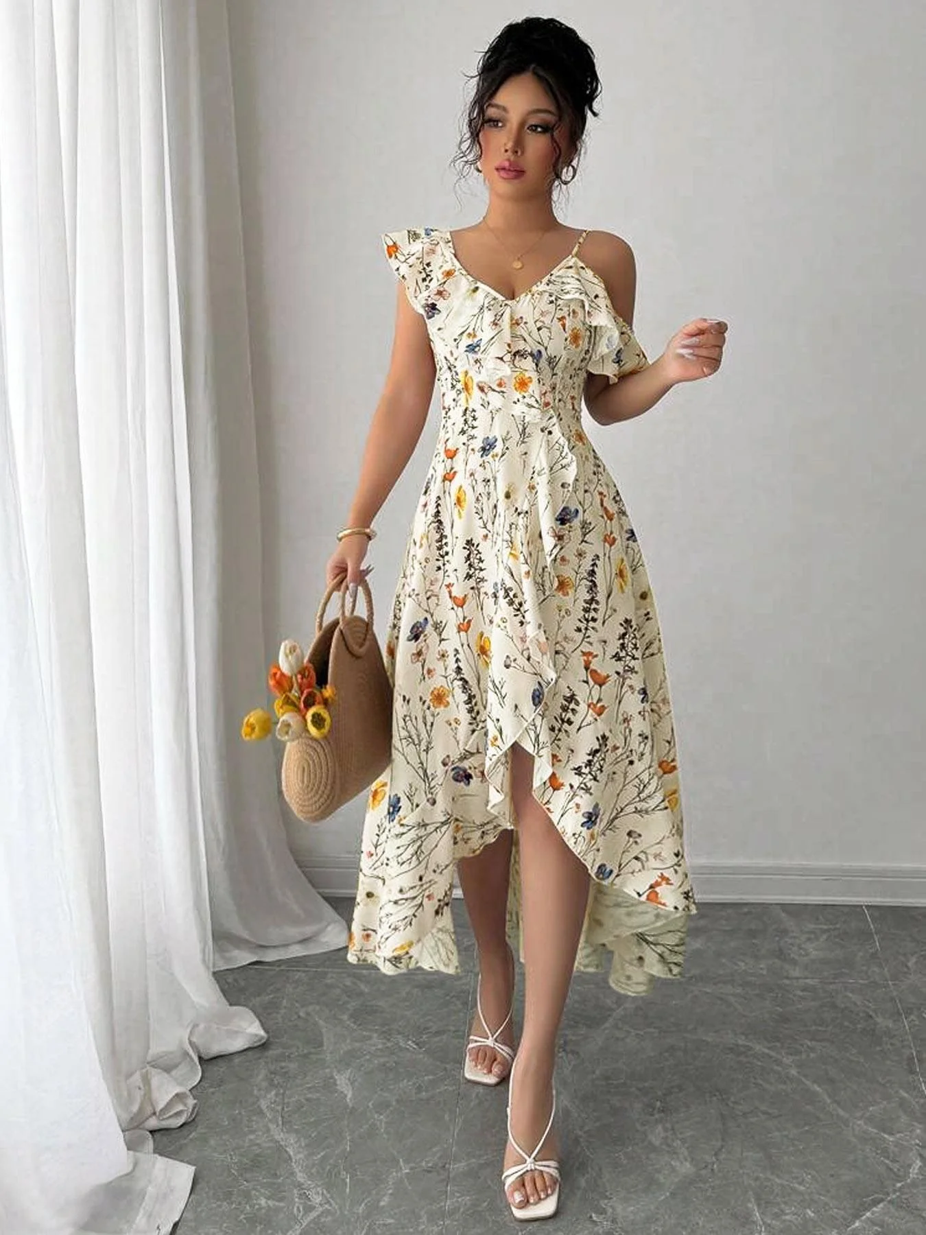 Women's Floral Print Off Shoulder Dress, Boho Fashion V Neck Sleeveless Dress for Beach Holiday Vacation, Ladies Dress for Summe