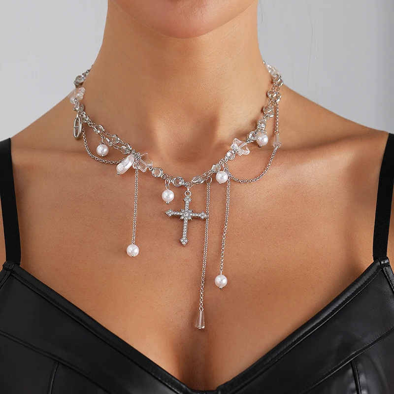 

Fashion Shiny Crystal Pearl Cross Choker Necklaces for Women Creative Temperament Unique Charm Necklace Party Wedding Jewelry