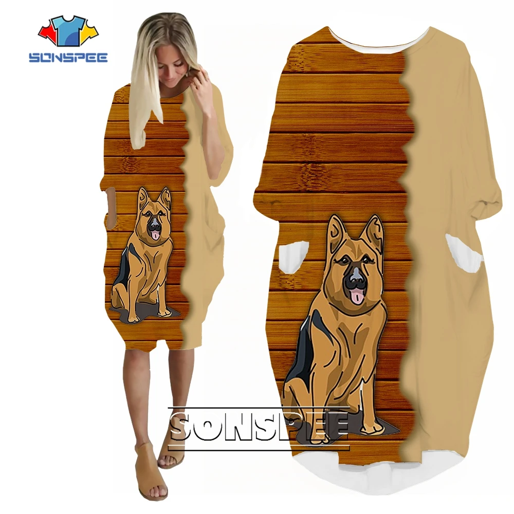 

SONSPEE German Shepherd Dog Pattern 3D Printed Lady Long Sleeve Funny Animal Graphic Pocket Skirts Loose Dress Street Women Gown