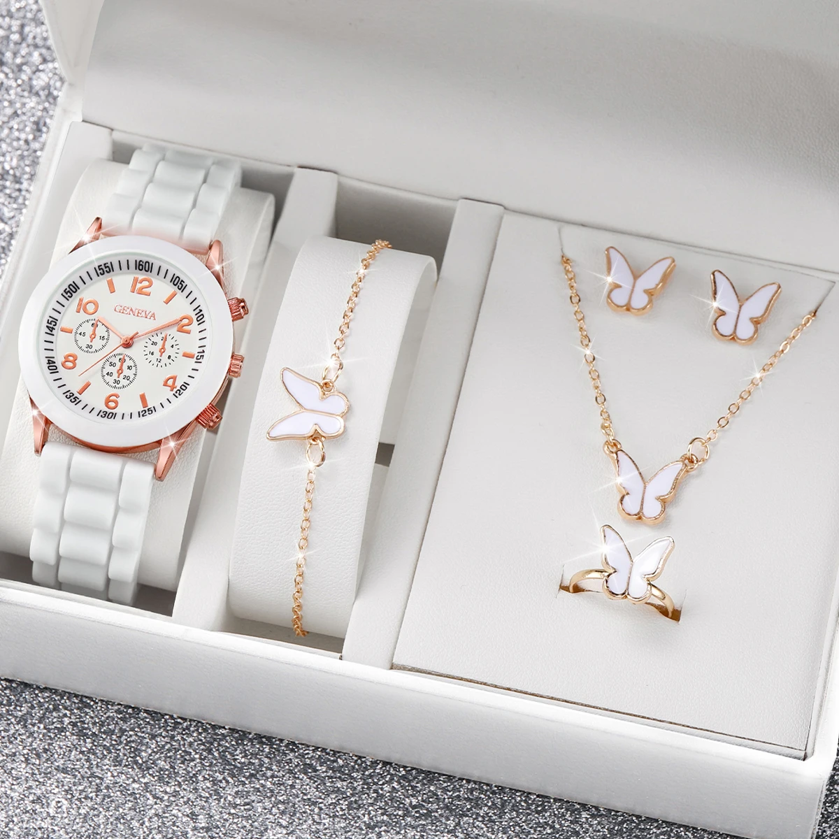 5pcs/Set Geneva Watch Women Fashion Silicone Band Quartz Watch Butterfly Jewelry Set（Without Box）