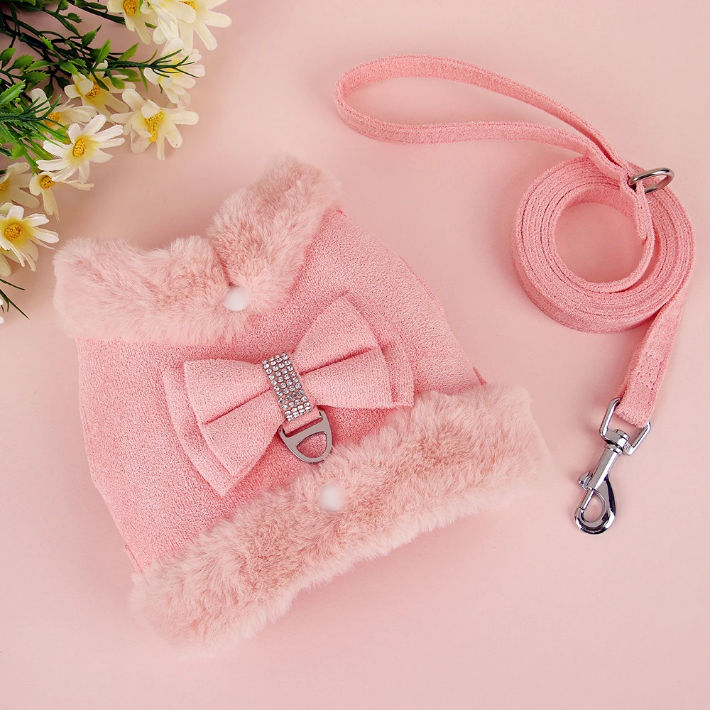 Warmes Fell Welpen Hunde geschirr Leine niedlichen Bowknot Hunde Katzen geschirre gepolsterte Haustier Weste mit passendem Führ strick für Hunde Katzen Winter – Detail 22