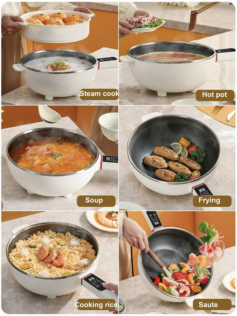 220V Electric Fry Pot Multifunctiona Large Capacity Electric Hot Pot With Steamer Home Non-stick Rice Cooker Kitchen Tools 4.5L