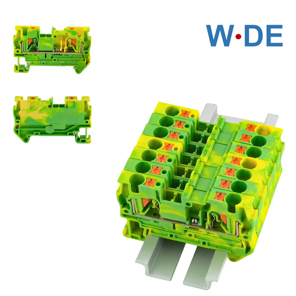 10Pcs PT-4-PE Din Rail Ground Terminal Block Spring Feed Through Connection Push In PT4-PE Wire Conductor