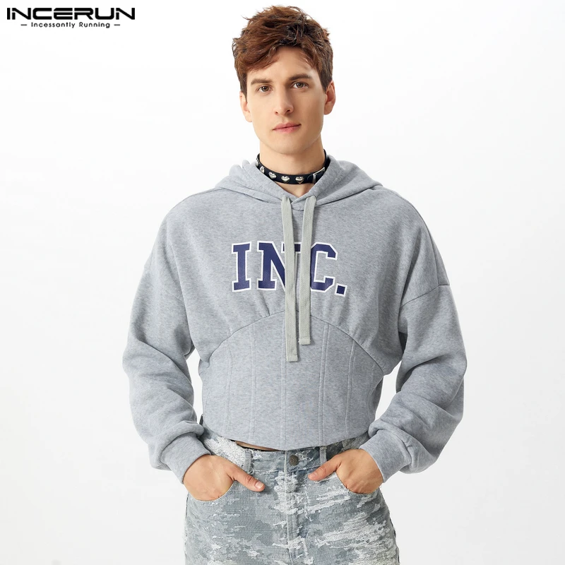 2024 INCERUN Men Casual Long Sleeve Hooded Sweatshirts Handsome Printing Well Fitting Pullovers Bottom Triangle Elegant Jumpers