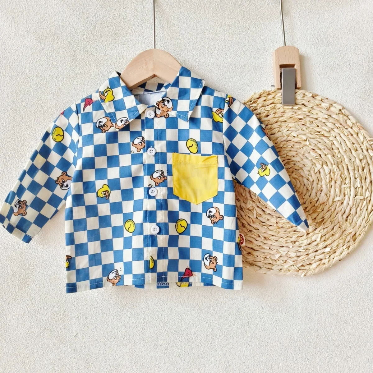 2024 Spring/Autumn New Infant Toddler Pure Cotton Grid Cartoon Printed Long Sleeve Single-Breasted Buttoned Shirt