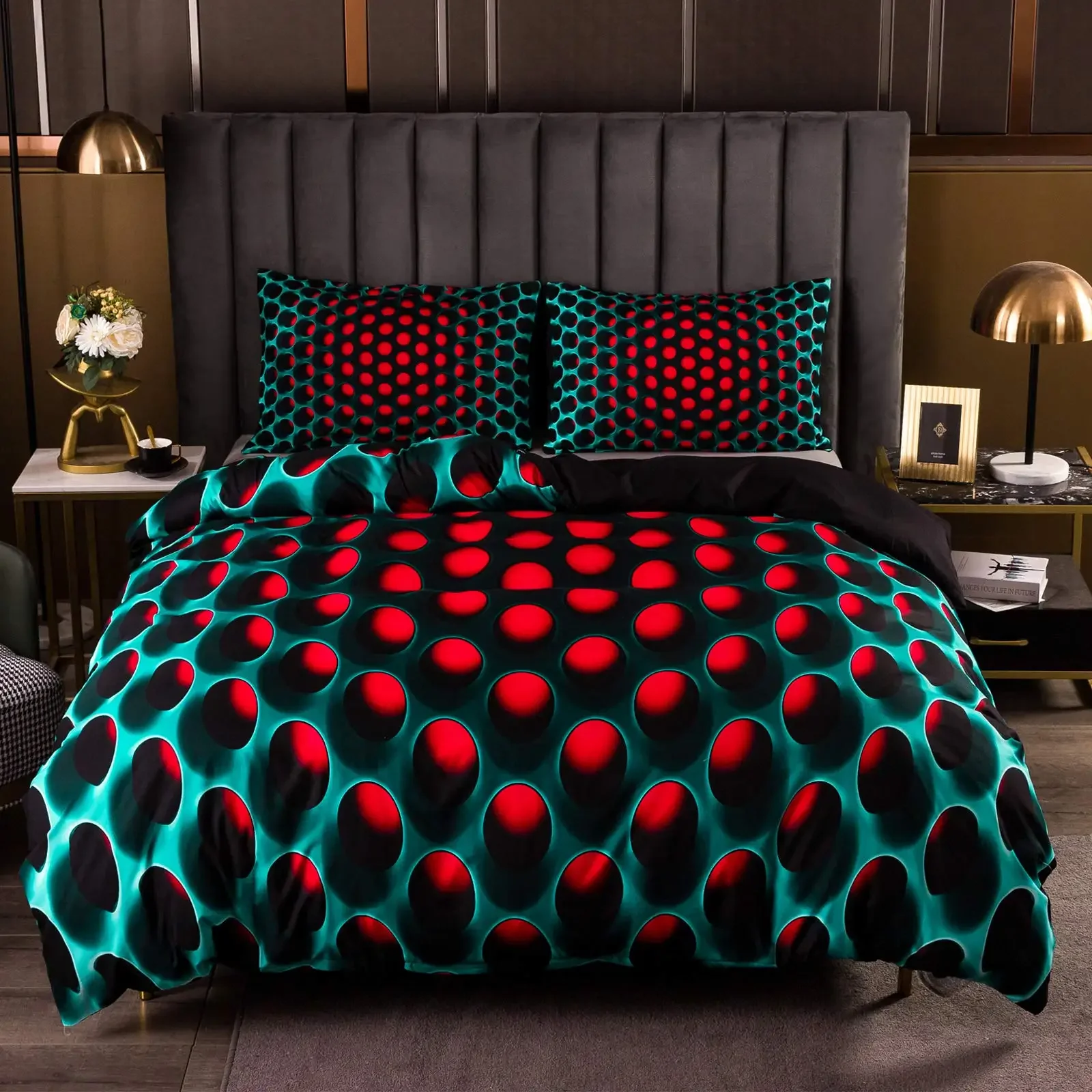 Cyan Red Geometric Patterns Printed Duvet Cover Bedding Stereoscopic Dense Hole Queen Size Duvet Cover Bedroom Decoration Women