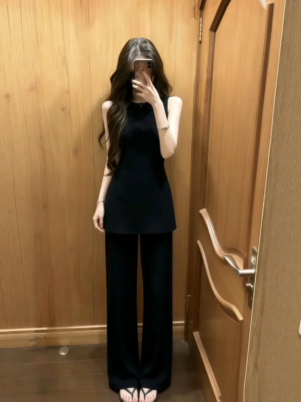 

Summer Korean Style High Waist Wide Leg Pants Two-Piece Set Sleeveless round Neck Top Back Design Fashionable Chic