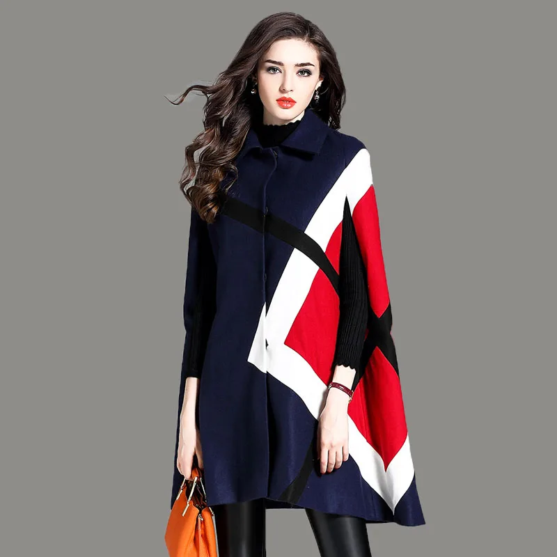 Women Cloak Tweed Outerwear 2022 Autumn Winter Lapel Batwing Sleeve Patchwork Wool Blends Thick Cape Loose Fashion Coat