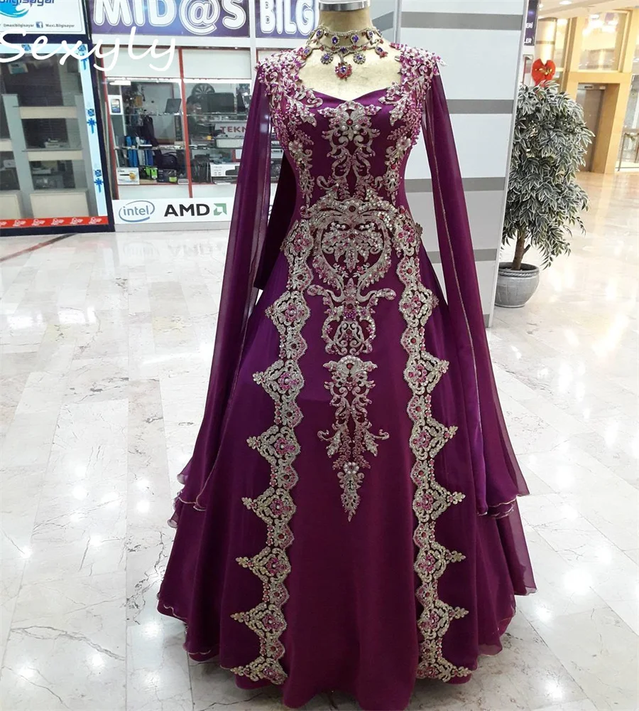 Purple Turkish Wedding Dress With Beaded Elegant Dubai Abaya Moroccan Bridal Gown Princess Gothic Country Bride 19th Customized