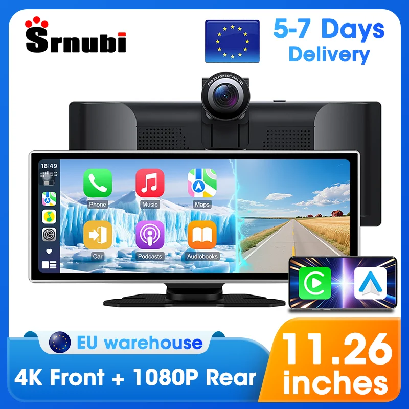 Srnubi 11.26 pollici 4K Dash Cam Wireless CarPlay e Android Auto Sistemi intelligenti per auto portatili Videoregistratore DVR Navigazione GPS