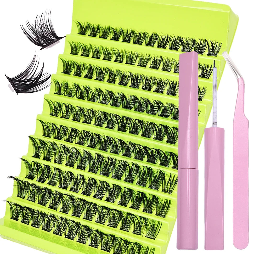 Kit de extensão de cílios postiços DIY com 120 clusters de cílios, adesivo, selante e pinça - ferramenta de maquiagem para os olhos de comprimento misto