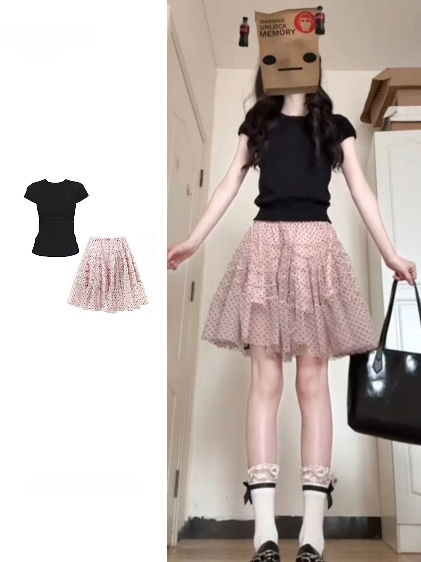 

Large Size Pink Polka Dot Mesh Skirt Set Women's Summer Fashion Black Short Sleeve Top Half Skirt High Waist Slim Fit T-Shirt