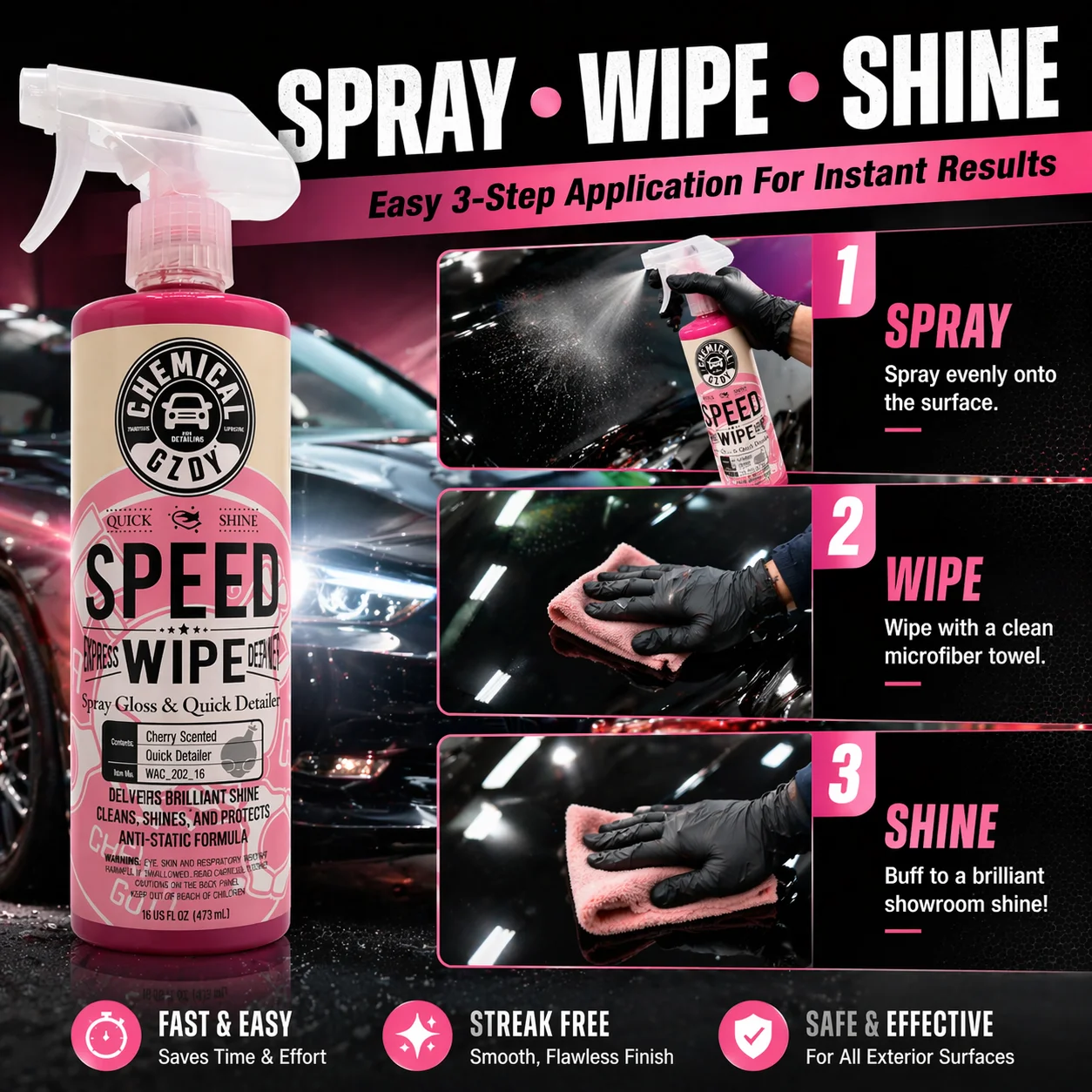 Quick Detailer Liquid 16oz (473ml), Speed Wipe High Gloss, Streak-Free Anti-Static Car Care, Cherry Scent