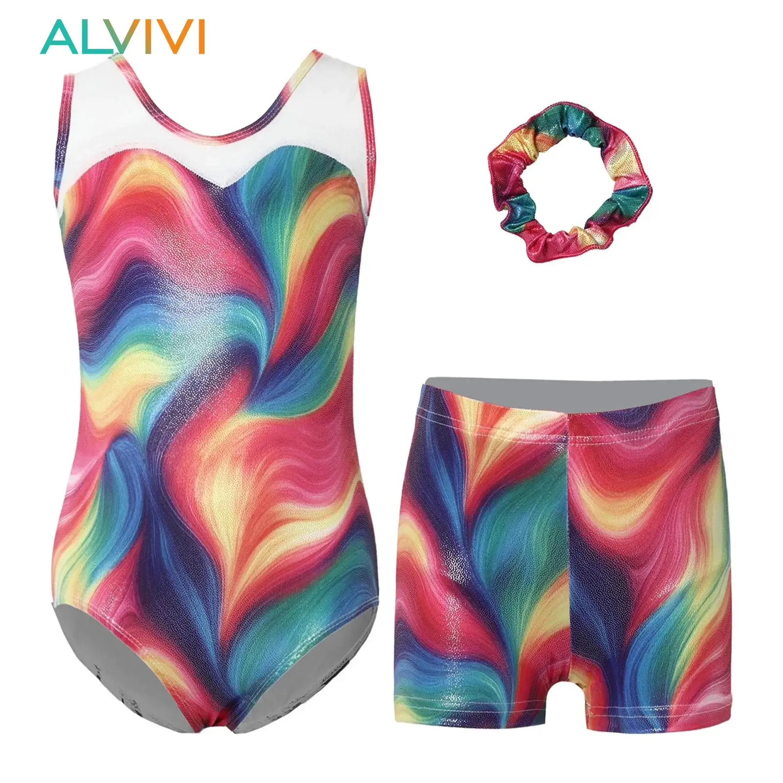 

Детские балетные костюмы с металлическим принтом для девочек, блестящий радужный гимнастический купальник с шортами и повязкой для волос