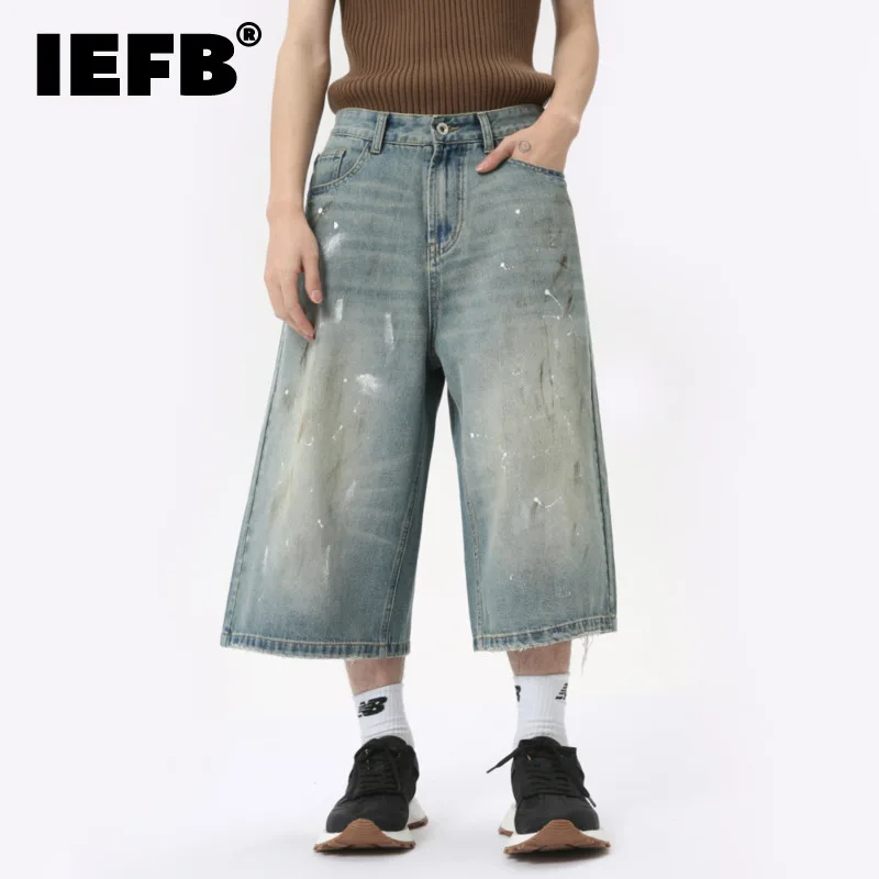 

IEFB Niche Design Men's Denim Trousers Vintage Worn-out Ink Design Calf-length Pants Wide Leg Male Straigth Bottom New 9C6312