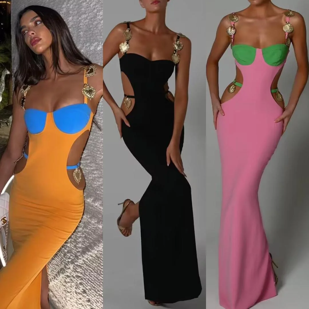 2023 New Summer Colorant Match Black Orange Pink Color Sexy Hollow Out Rayon Bandage Celebrating Birthday Nightclub Long Dress