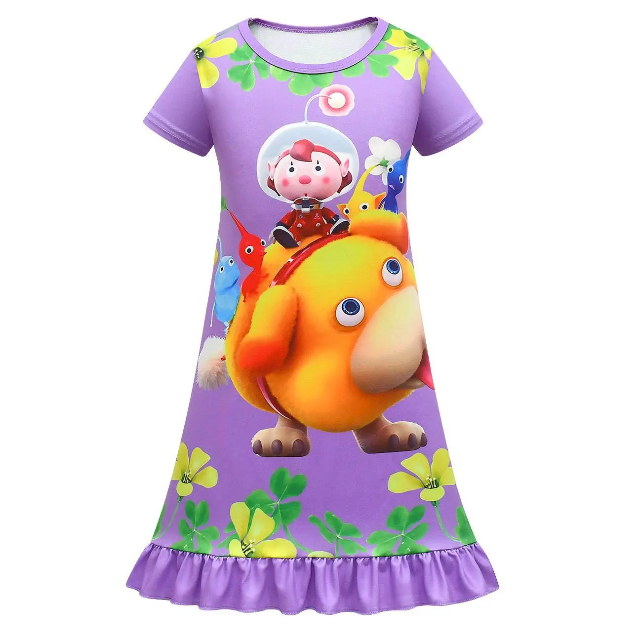 Kids Girls Anime Cartoon Alien Print Short Sleeves Princess Dress Outfit Christmas Role Play Halloween Cosplay Costume