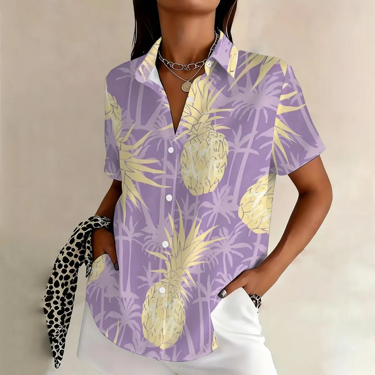 Plus-size pineapple print short-sleeved shirt for women, simple, loose, comfortable, suitable for commuting and casual
