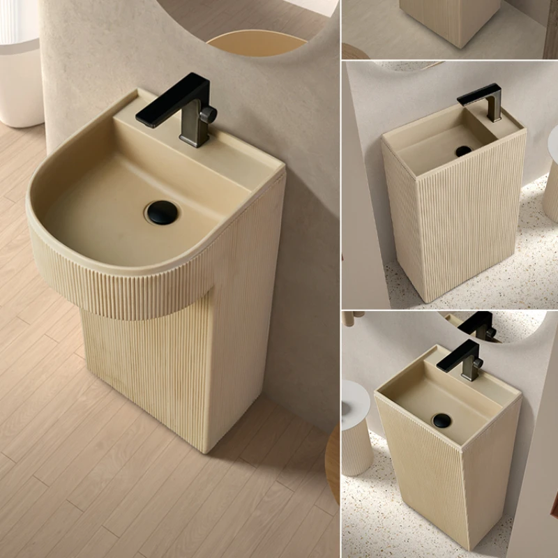 Cream style column basin integrated floor standing stone creative art vertical wash basin designer internet red wash basin