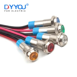 Luz indicadora de Metal resistente al agua de 6mm, lámpara LED de señal de advertencia 3V 6V 12V 24V 110V 220V con cable rojo/amarillo/azul/verde/blanco