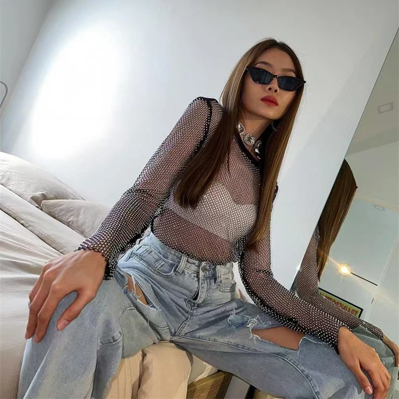 Mode Diamant Hohl Shiny Bottom Shirt Temperament Schlank Strass Rundhals Langarm Top frauen T-Shirt Kleidung 2025 – Detail 1