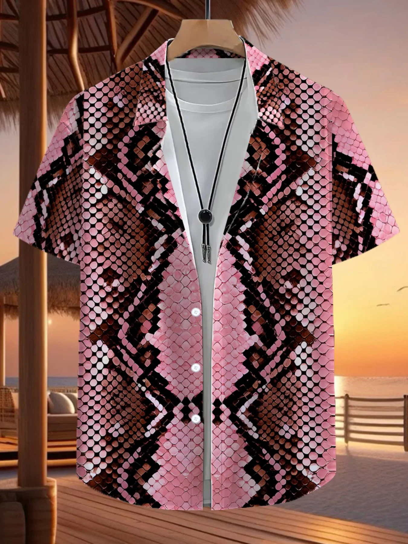 European and American Style Gradient Pink Snakeskin Pattern 3D Printed Cardigan, Summer Men's Retro and Casual Aloha Shirt.